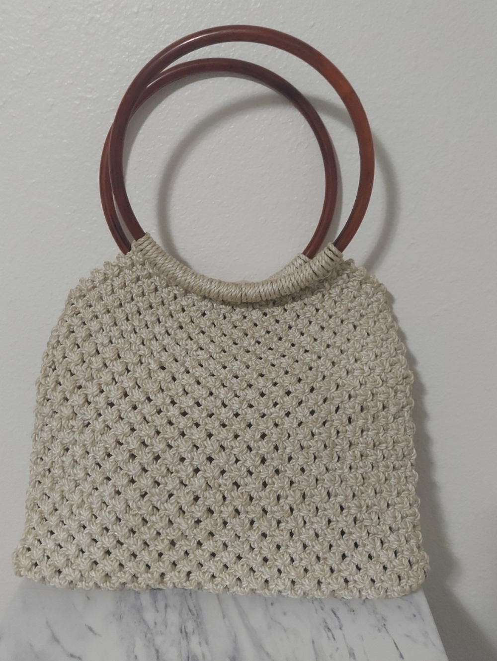 Womens Cream/Ivory Woven Boho Beach Bag With Plastic Circle Handles